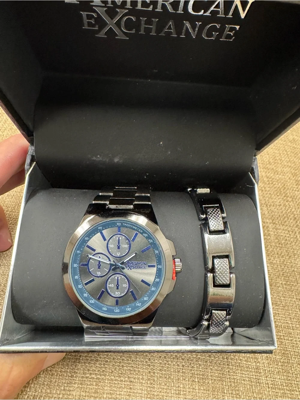 American Exchange Men's Quartz Chronograph Tachymeter Black Bracelet Watch Box
